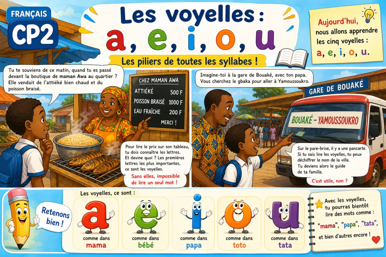 Les voyelles : a, e, i, o, u