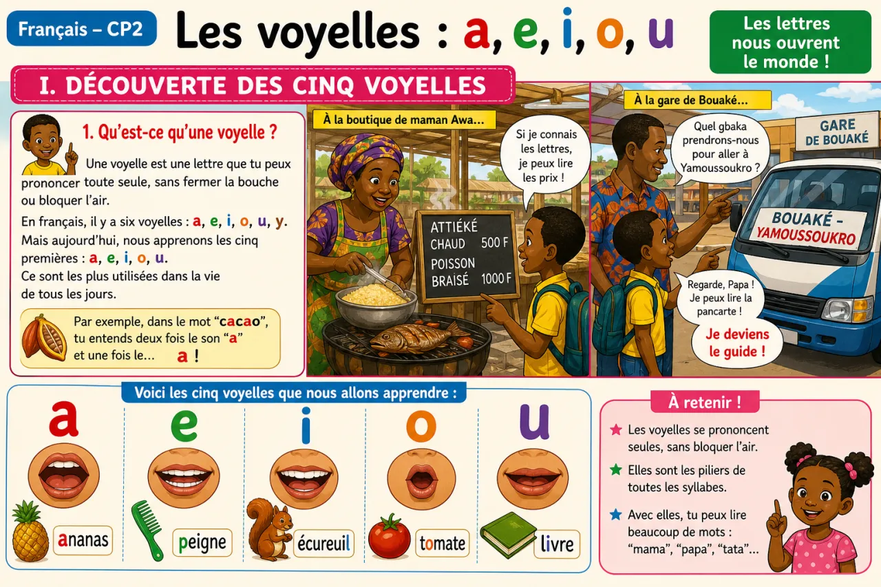 Les voyelles : a, e, i, o, u — illustration