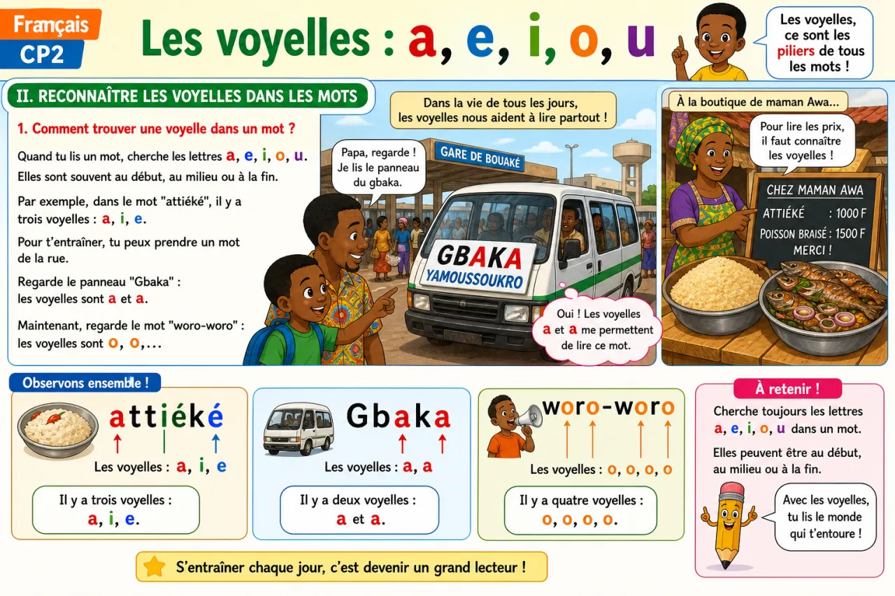 Les voyelles : a, e, i, o, u — illustration