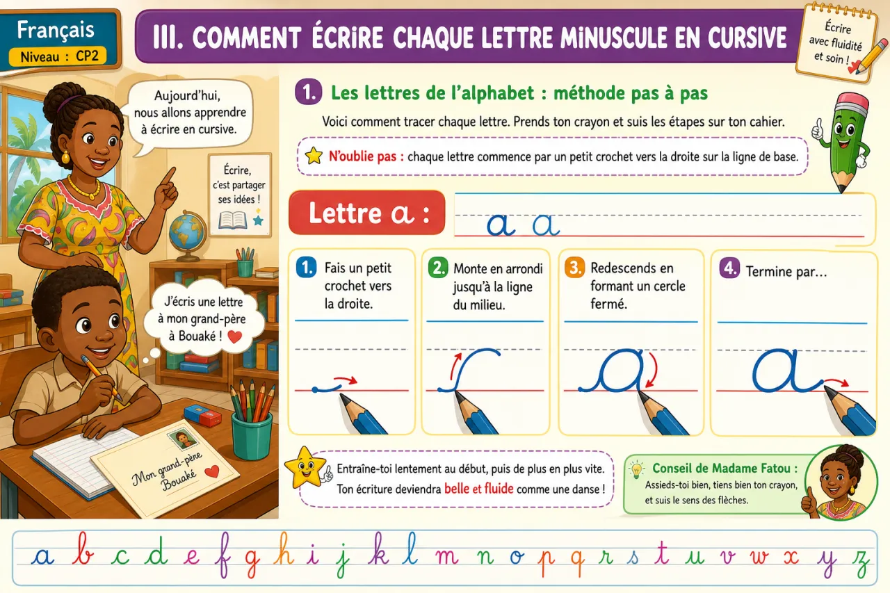 Écrire les lettres minuscules en cursive — illustration