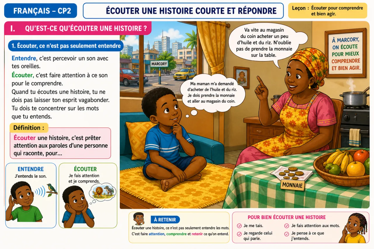 Écouter une histoire courte et répondre — illustration