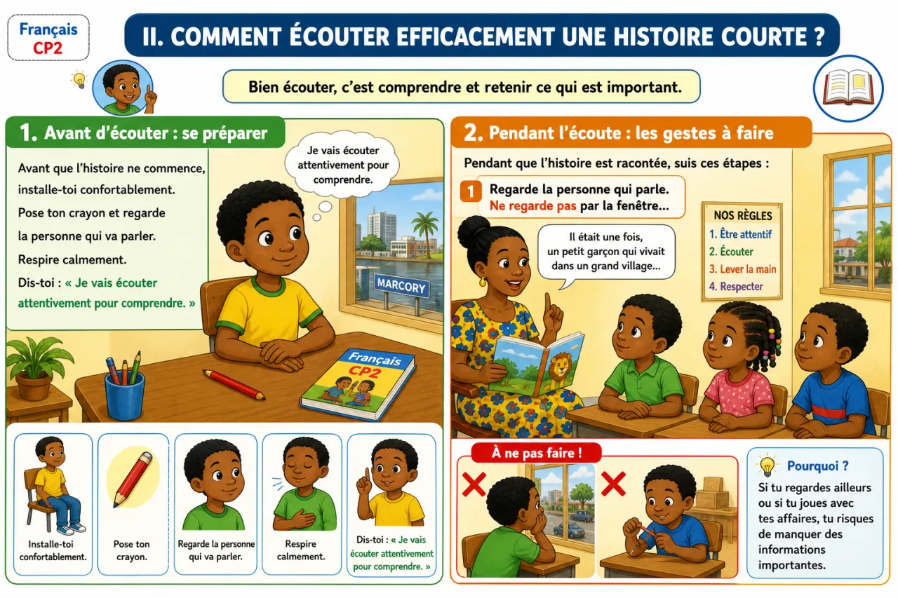 Écouter une histoire courte et répondre — illustration