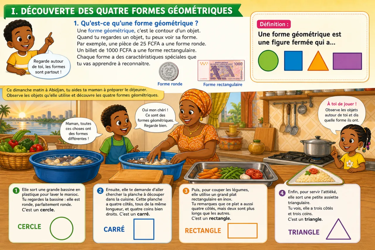 Les formes géométriques : cercle, carré, triangle, rectangle — illustration