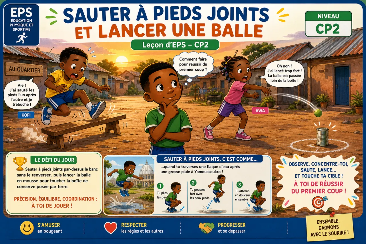 Sauter à pieds joints et lancer une balle