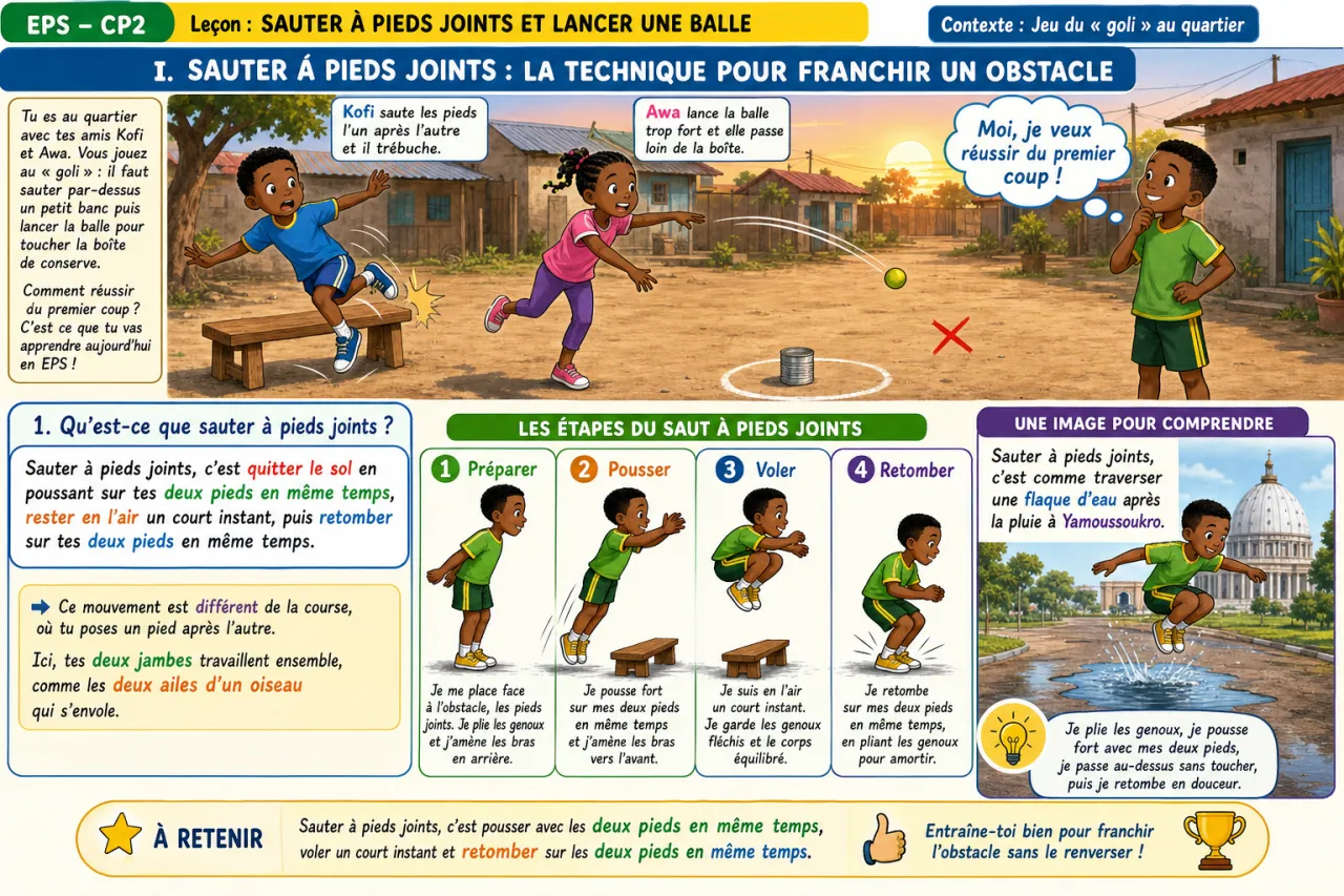 Sauter à pieds joints et lancer une balle — illustration