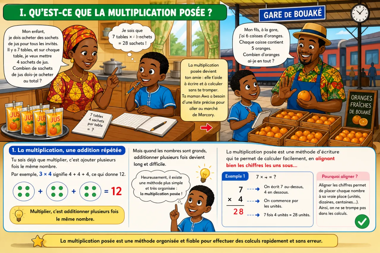 La multiplication posée (petits facteurs) — illustration