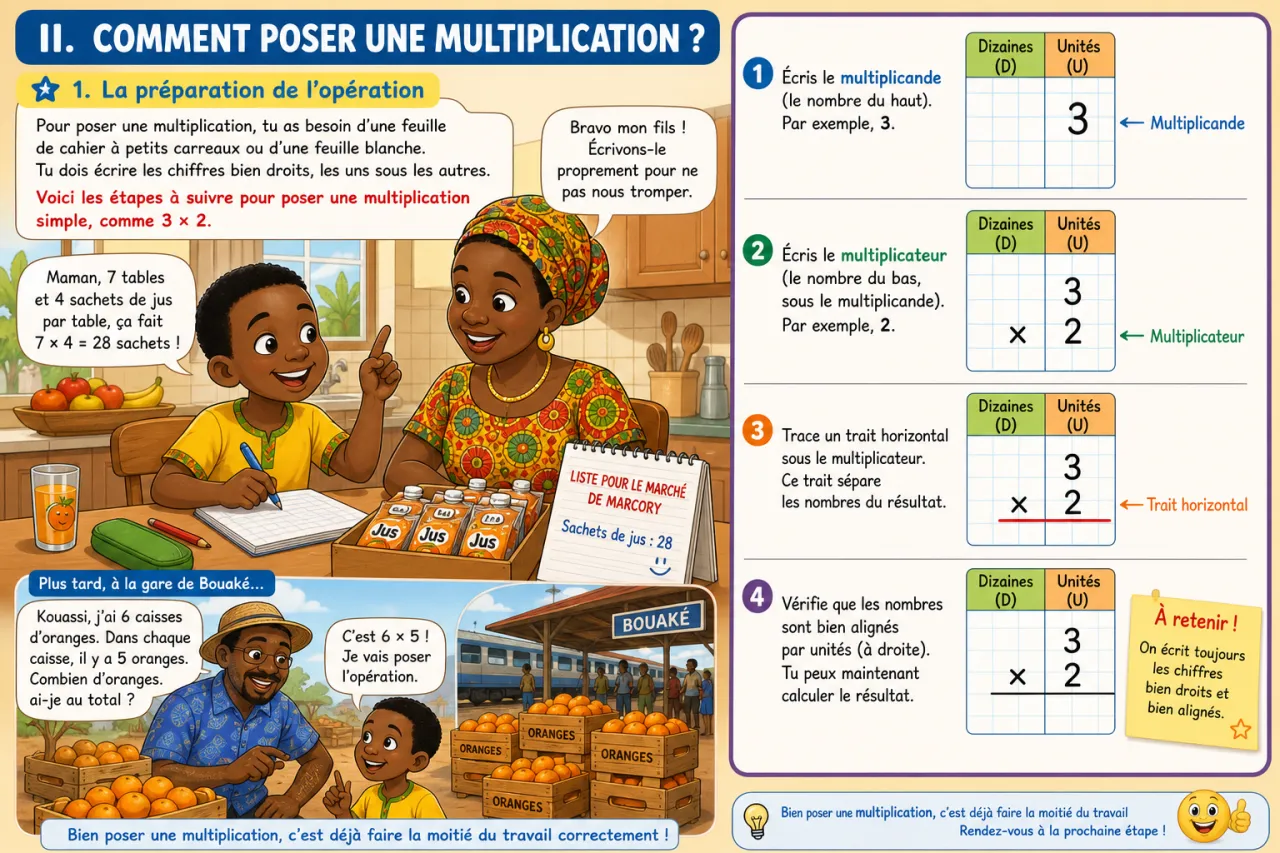 La multiplication posée (petits facteurs) — illustration