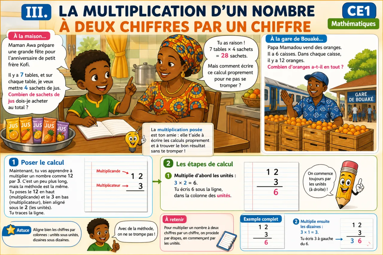 La multiplication posée (petits facteurs) — illustration