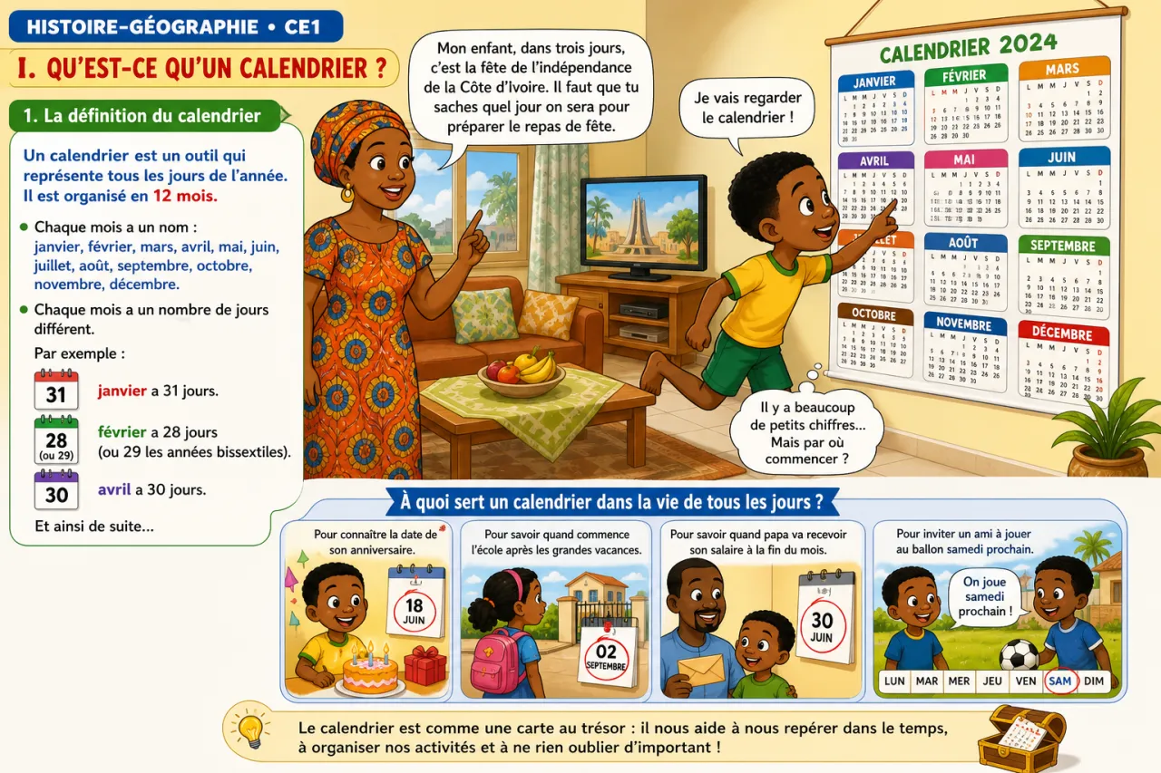 Lire un calendrier et situer des dates — illustration