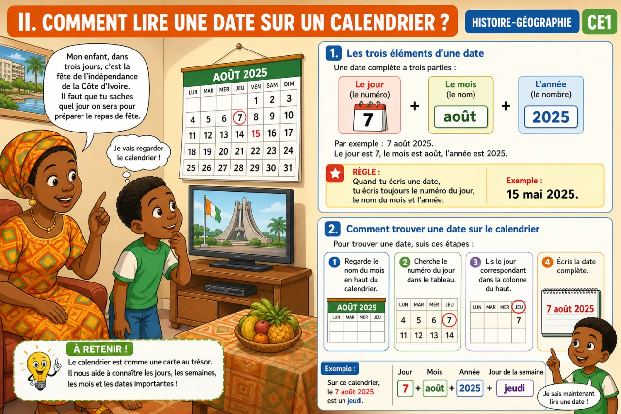 Lire un calendrier et situer des dates — illustration