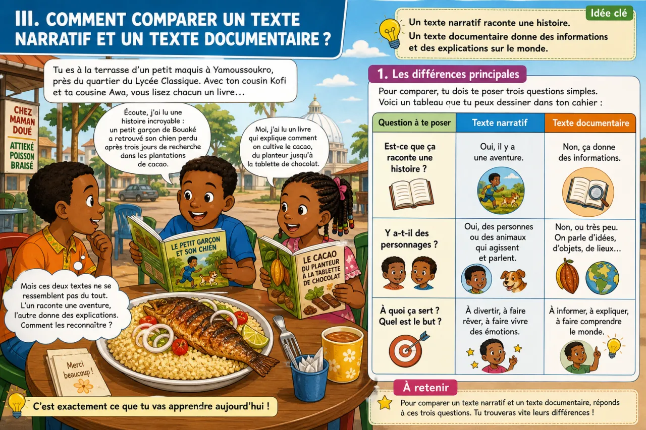 Comparer un texte narratif et un texte documentaire — illustration