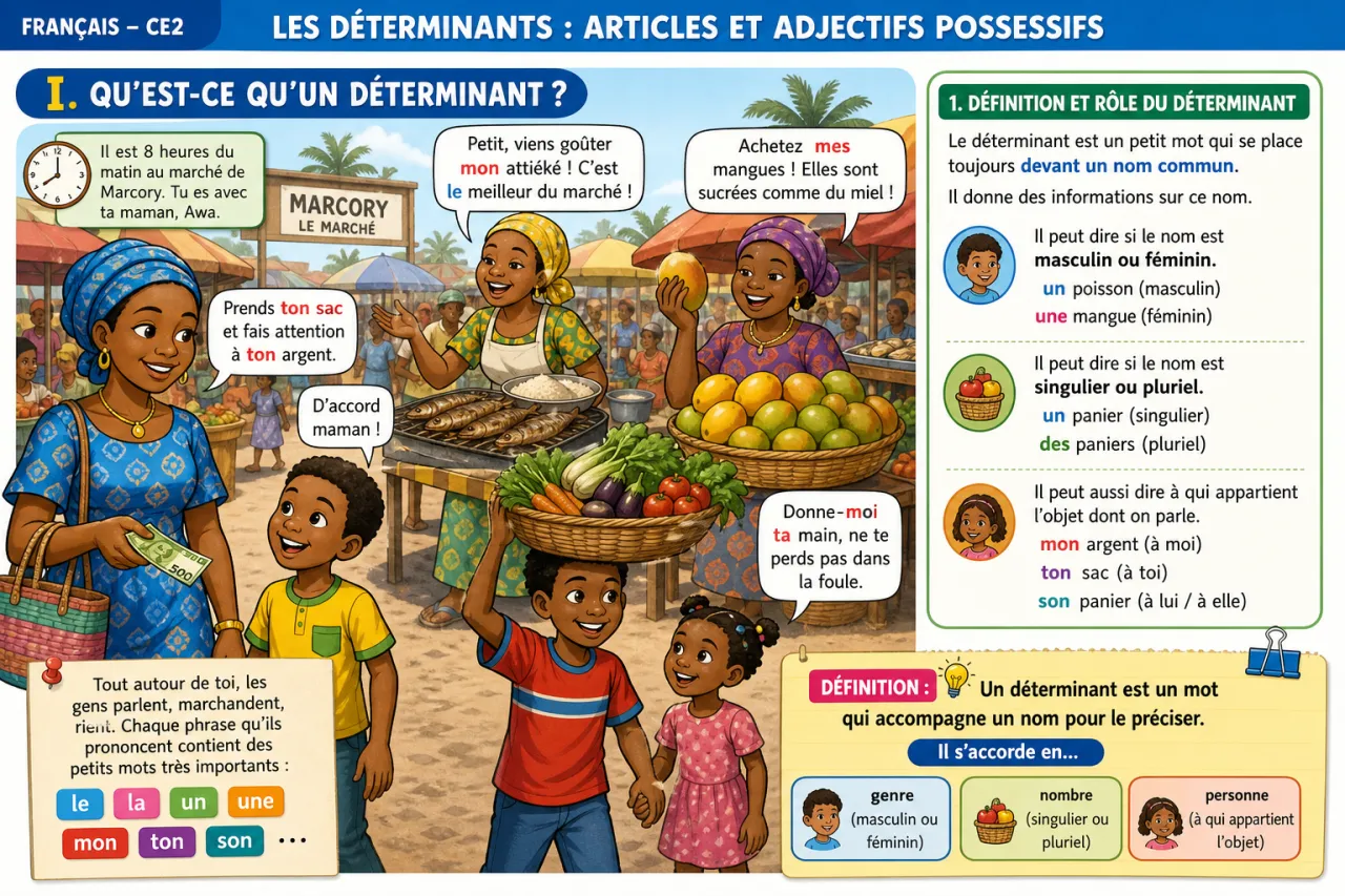 Les déterminants : articles et adjectifs possessifs — illustration