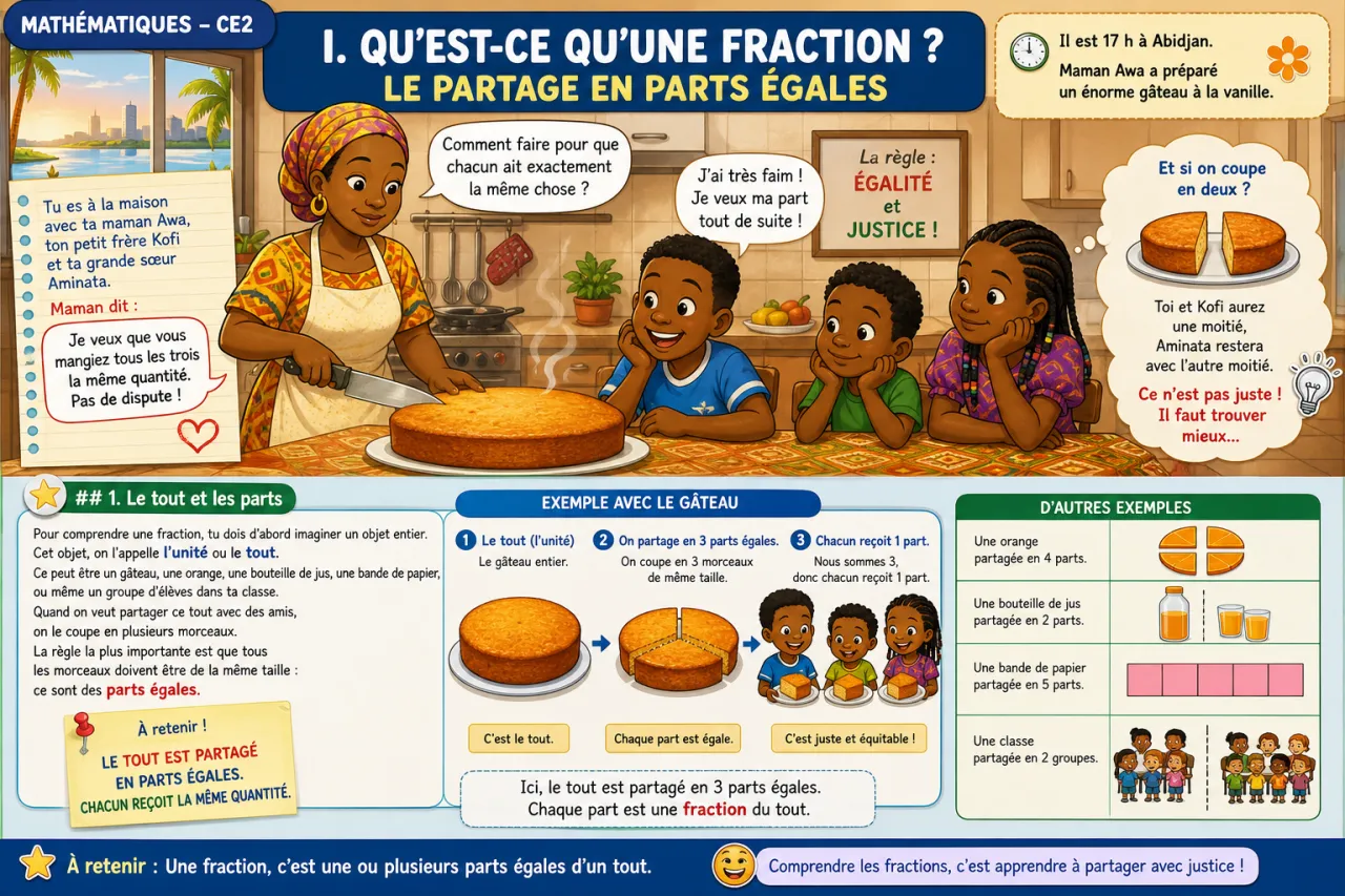 Comprendre la fraction : partage en parts égales — illustration