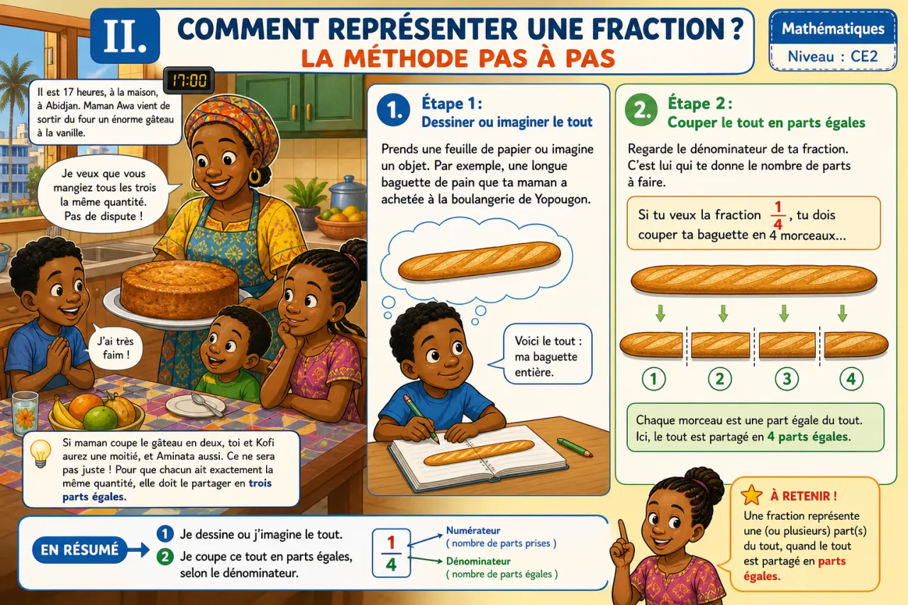 Comprendre la fraction : partage en parts égales — illustration