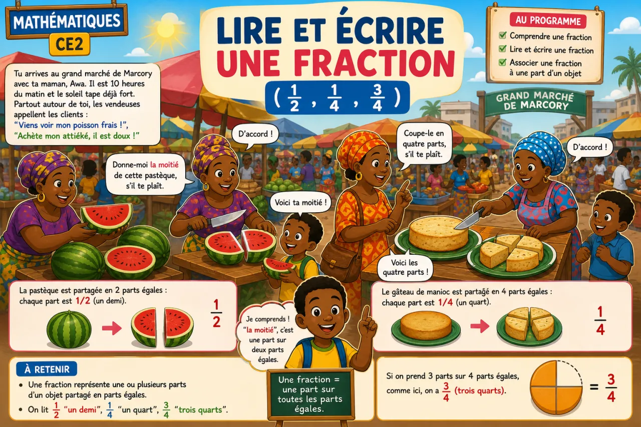 Lire et écrire une fraction (1/2, 1/4, 3/4)
