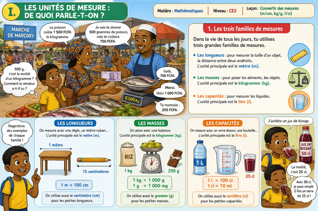 Convertir des mesures (m/cm, kg/g, l/cl) — illustration