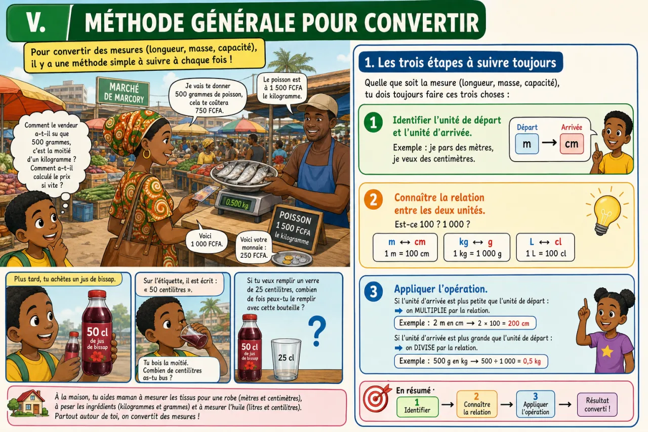 Convertir des mesures (m/cm, kg/g, l/cl) — illustration