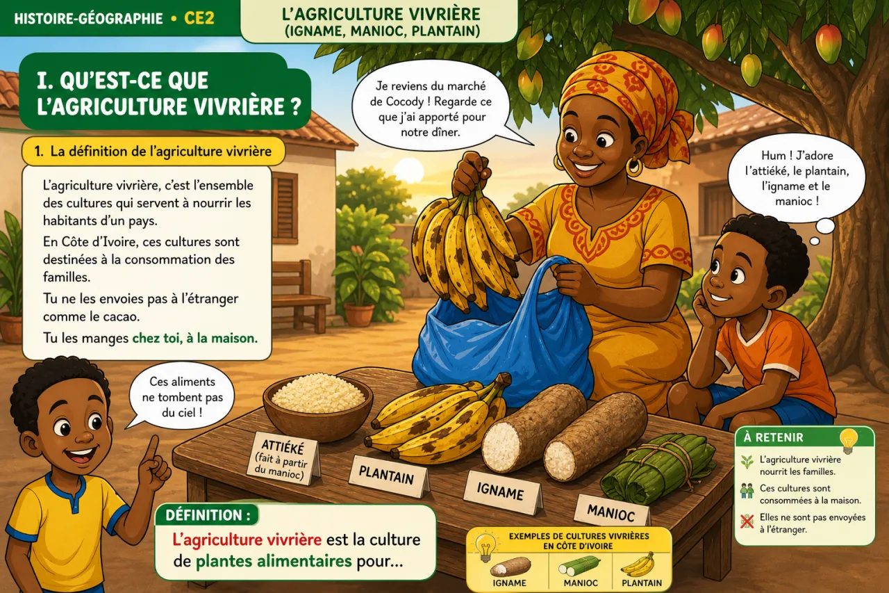 L'agriculture vivrière (igname, manioc, plantain) — illustration