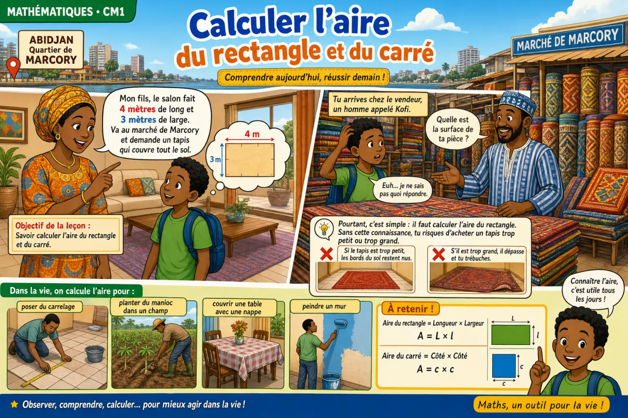 Calculer l'aire du rectangle et du carré