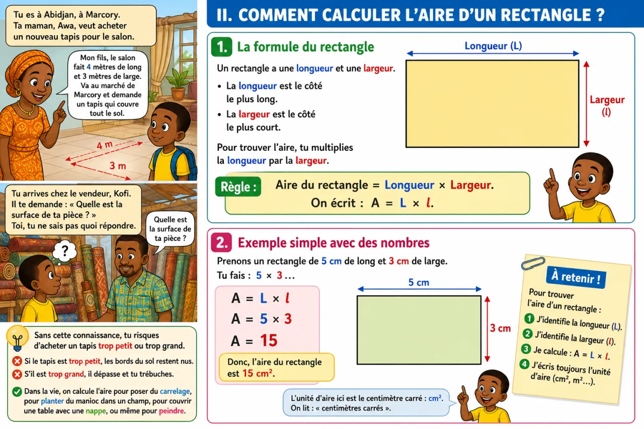 Calculer l'aire du rectangle et du carré — illustration