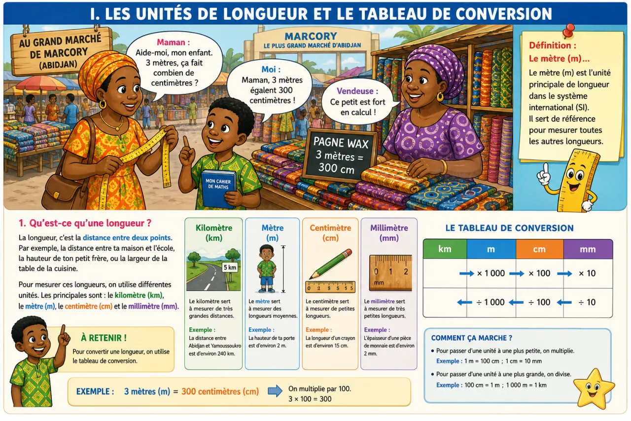 Convertir des longueurs (km, m, cm, mm) — illustration