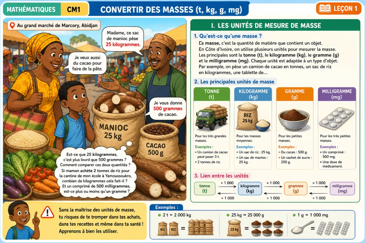Convertir des masses (t, kg, g, mg) — illustration