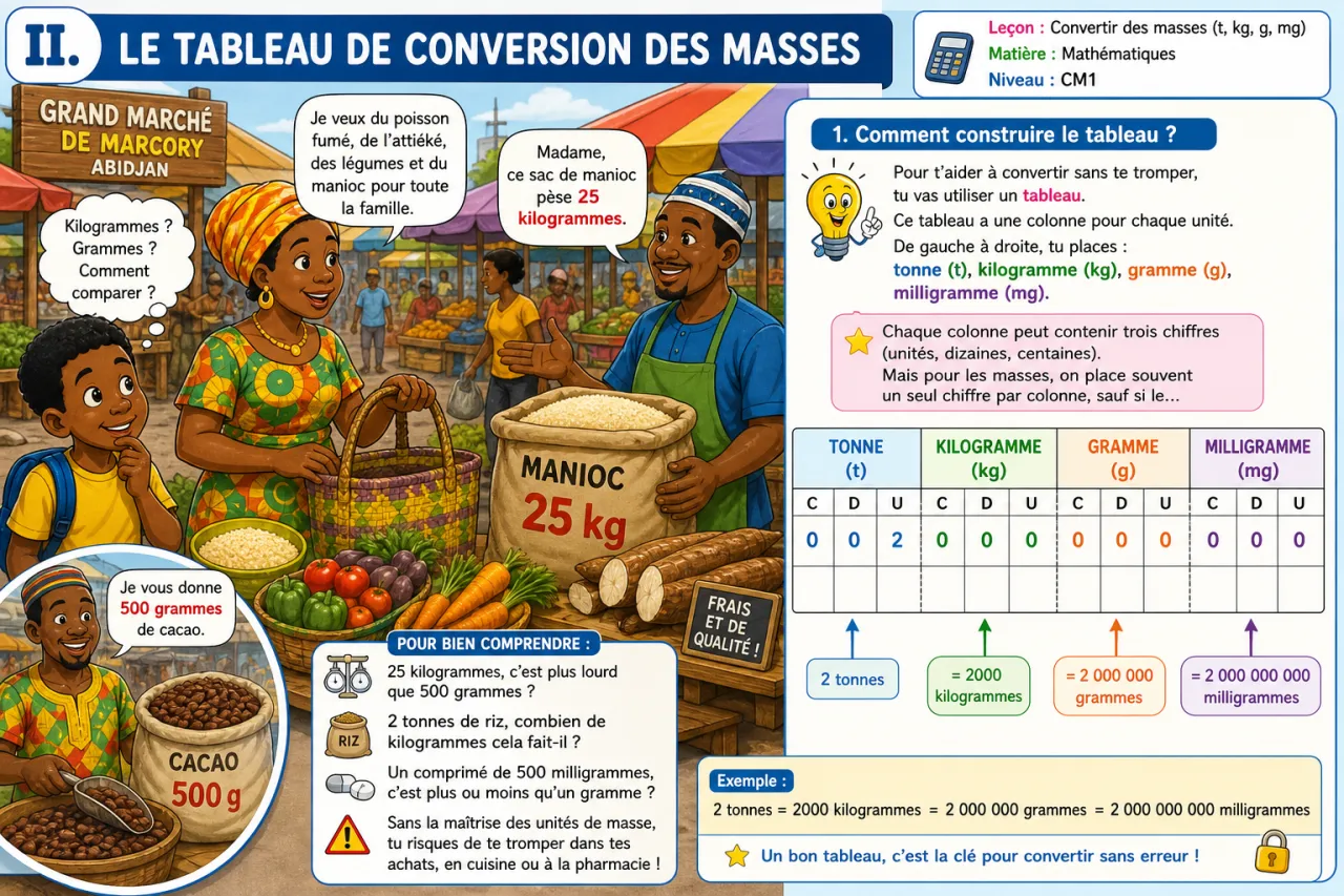 Convertir des masses (t, kg, g, mg) — illustration