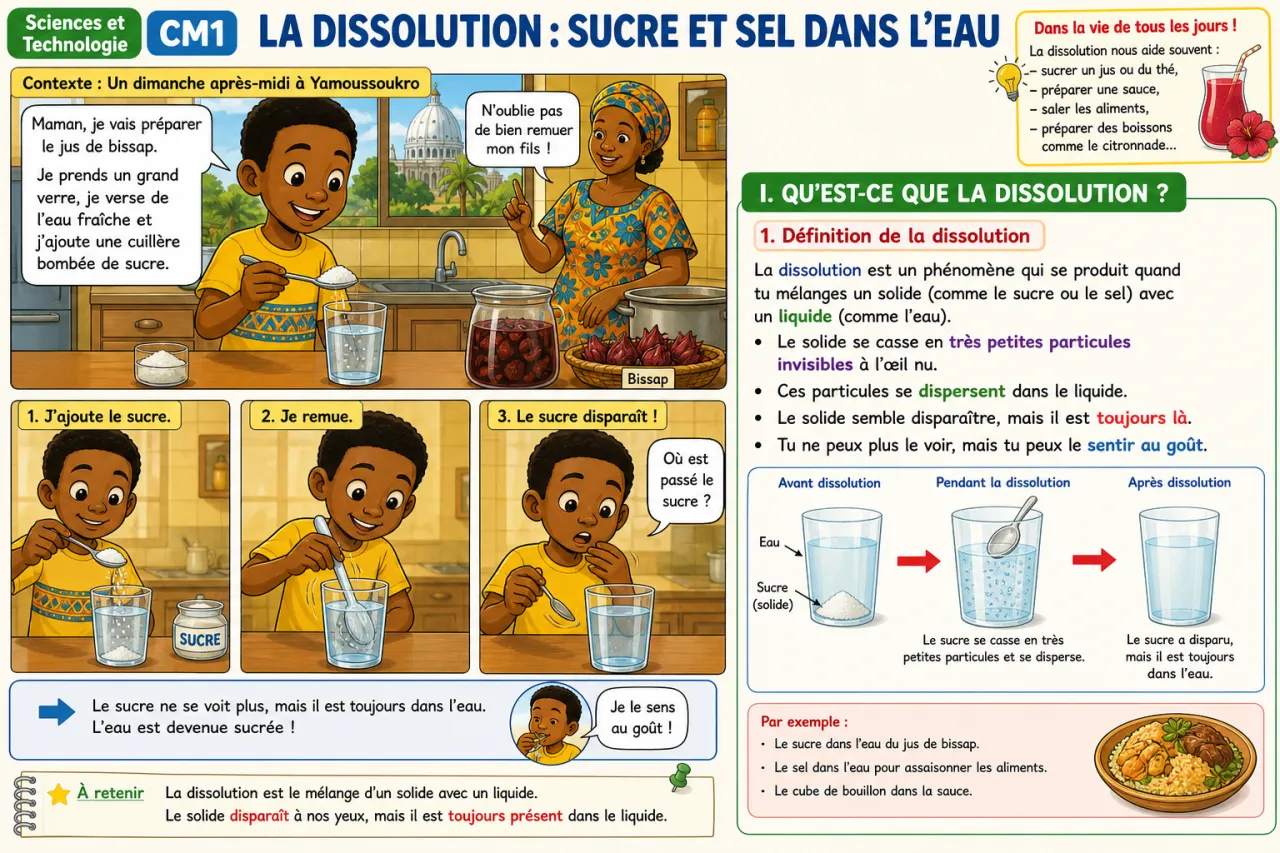 La dissolution : sucre et sel dans l'eau — illustration