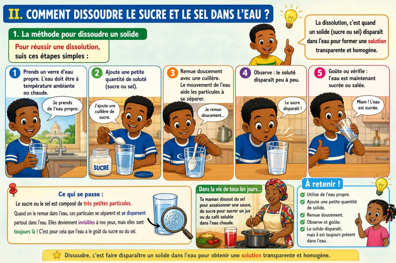 La dissolution : sucre et sel dans l'eau — illustration