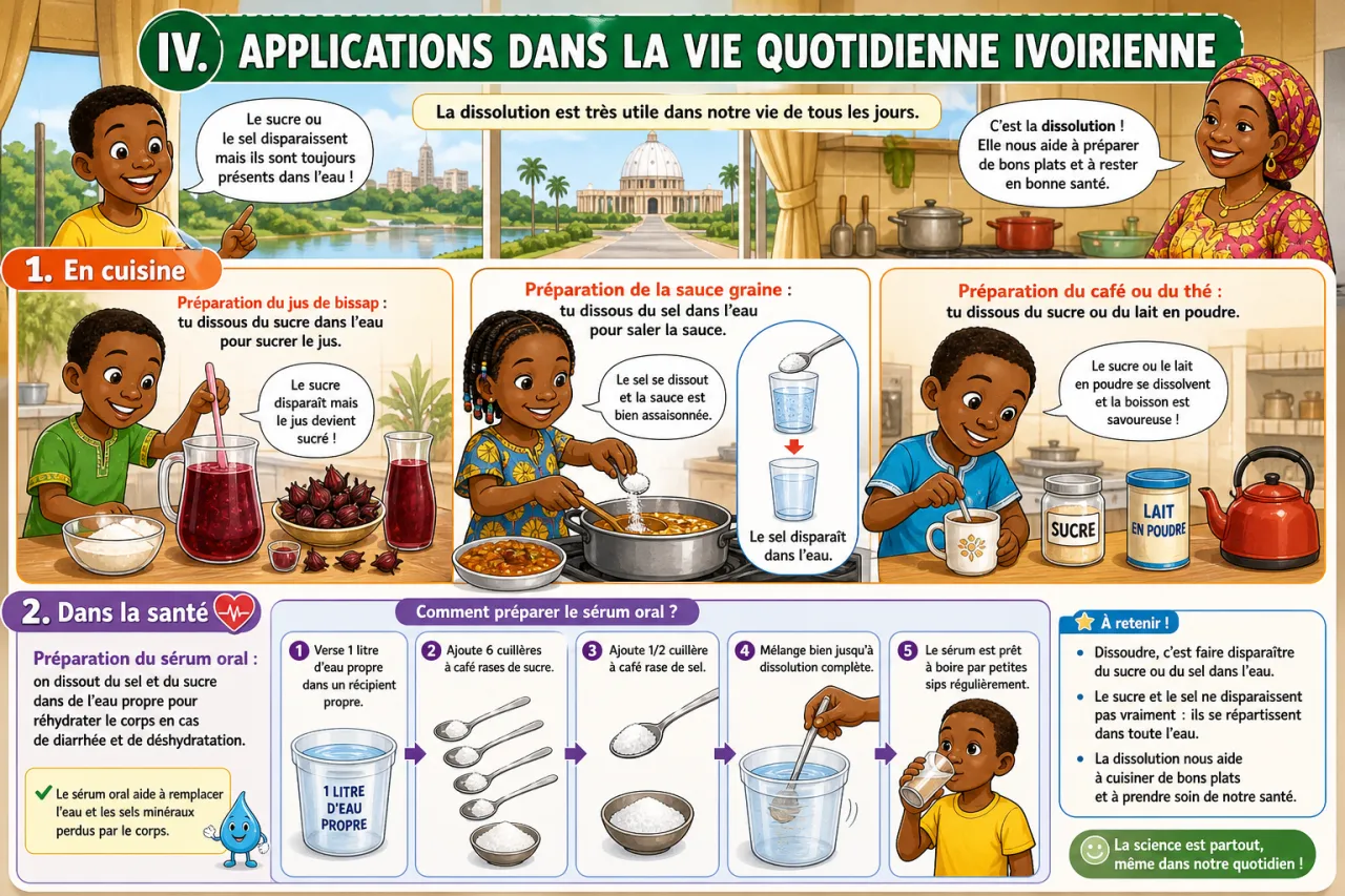 La dissolution : sucre et sel dans l'eau — illustration