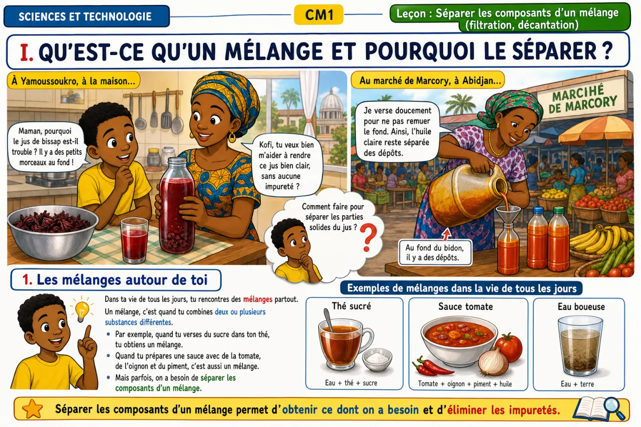 Séparer les composants d'un mélange (filtration, décantation) — illustration