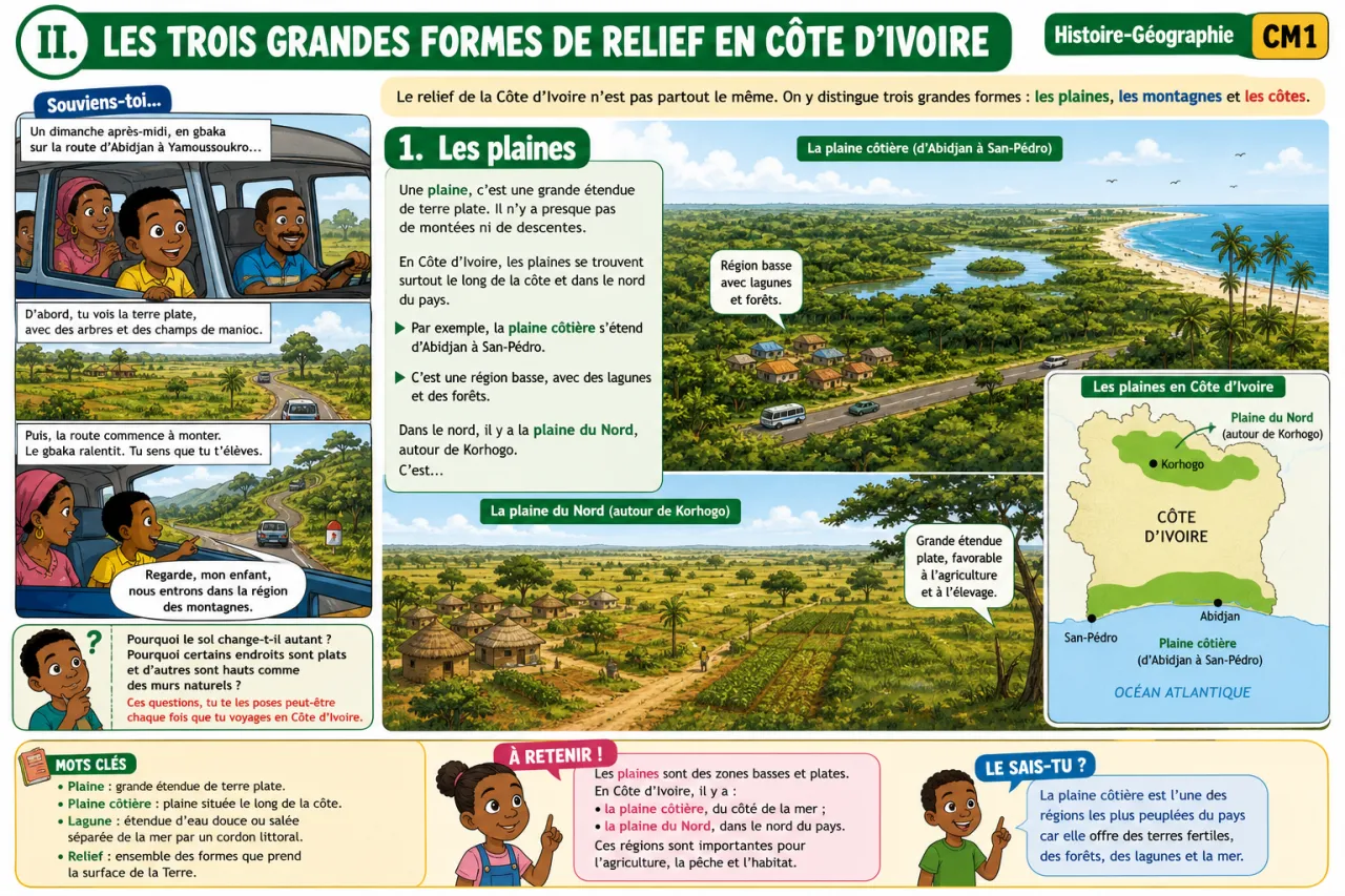 Le relief de la Côte d'Ivoire (montagnes, plaines, côtes) — illustration