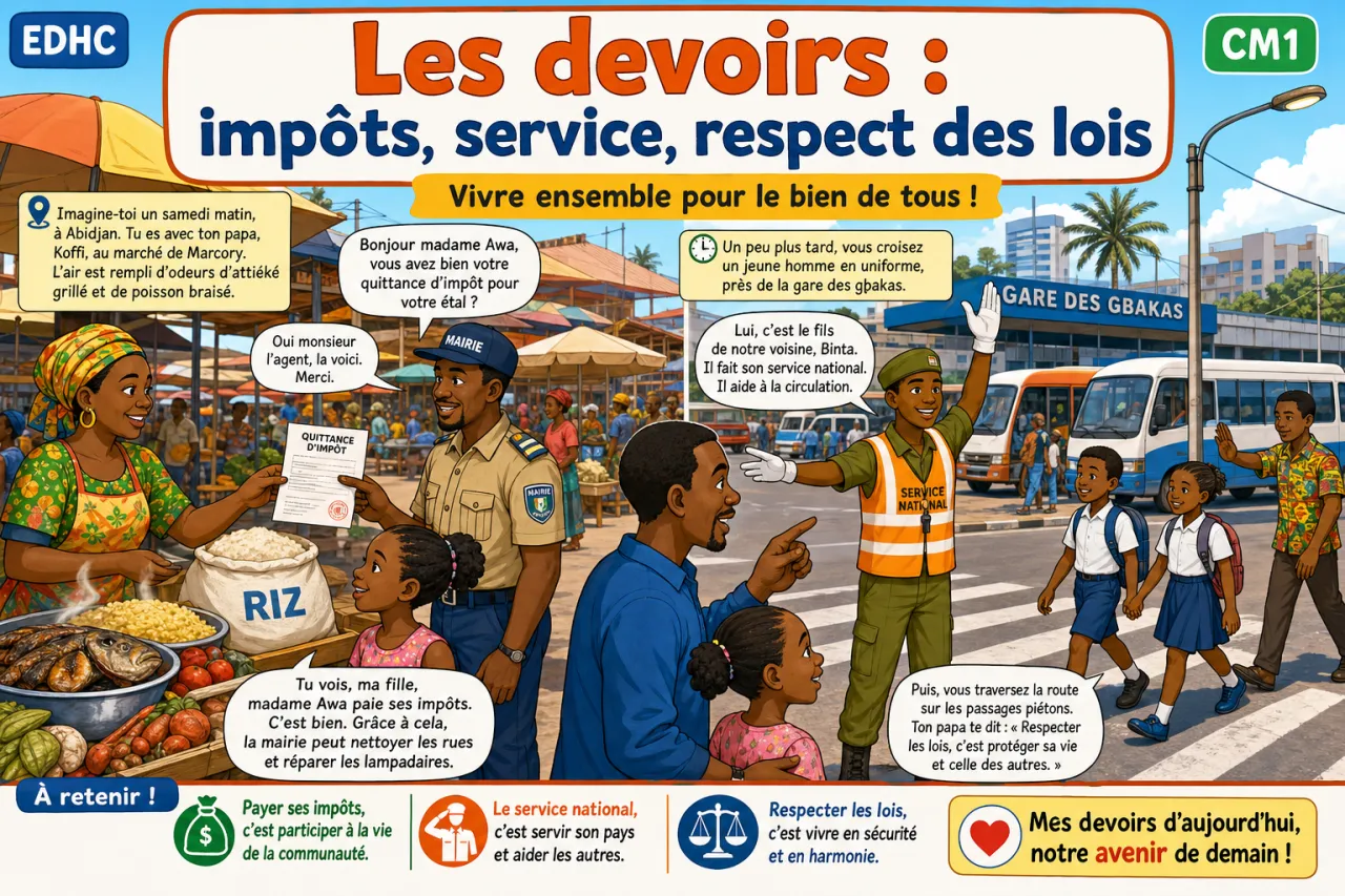 Les devoirs : impôts, service, respect des lois