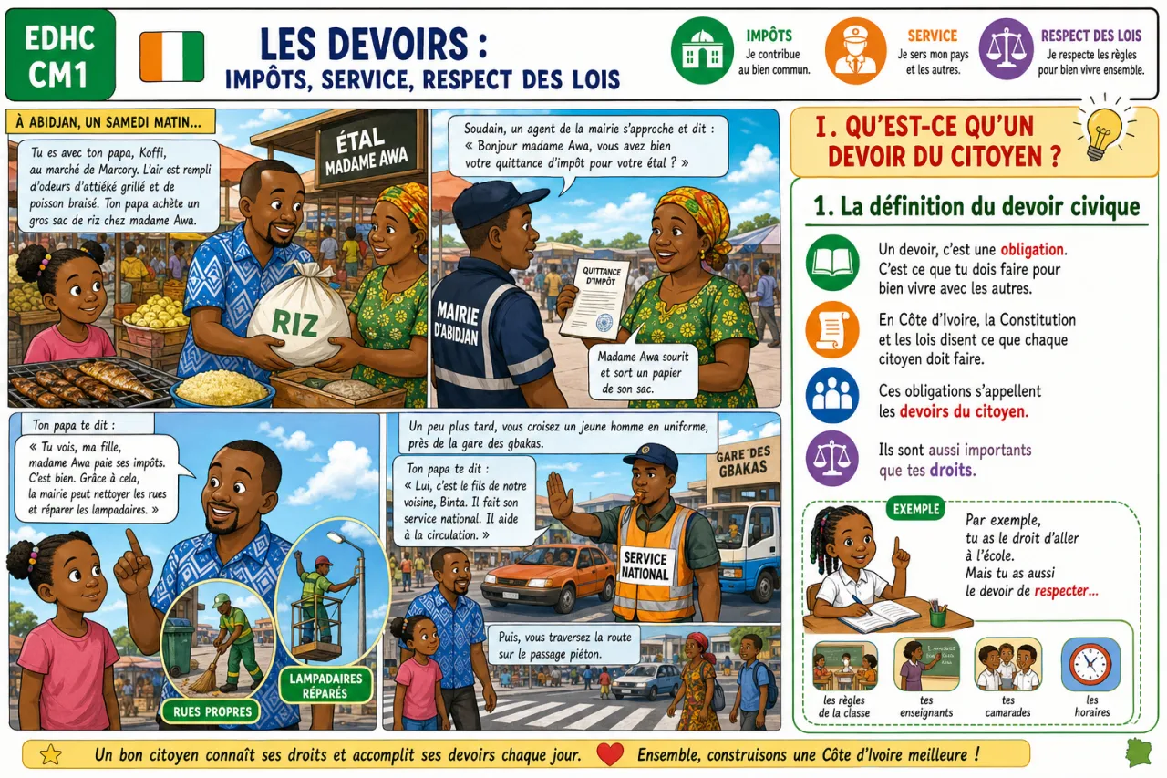 Les devoirs : impôts, service, respect des lois — illustration