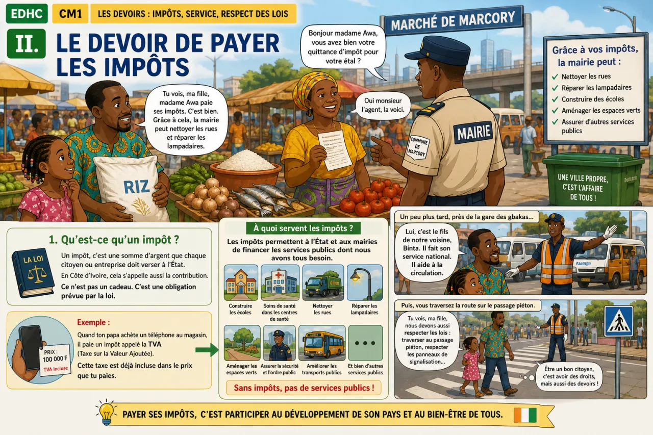 Les devoirs : impôts, service, respect des lois — illustration