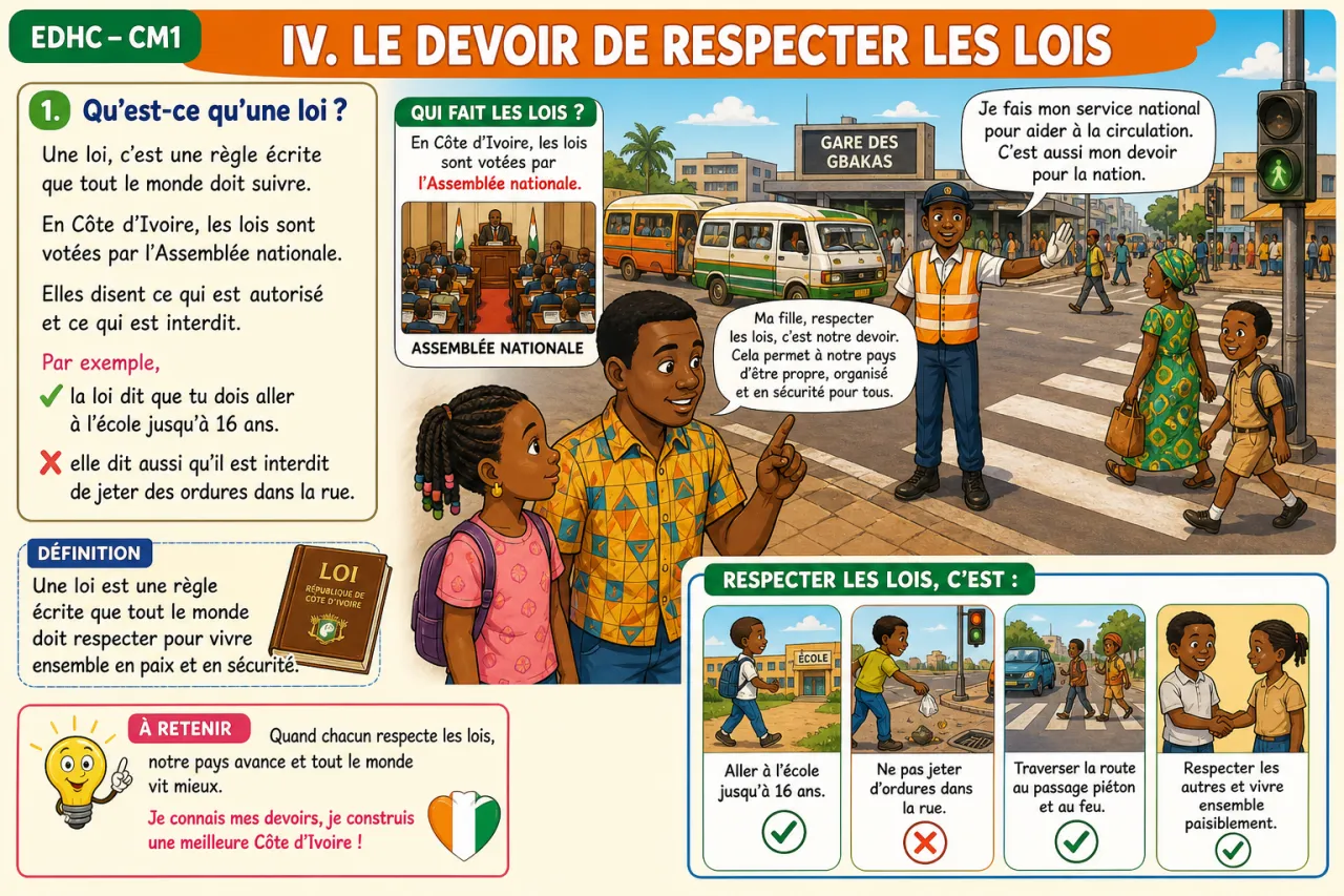 Les devoirs : impôts, service, respect des lois — illustration