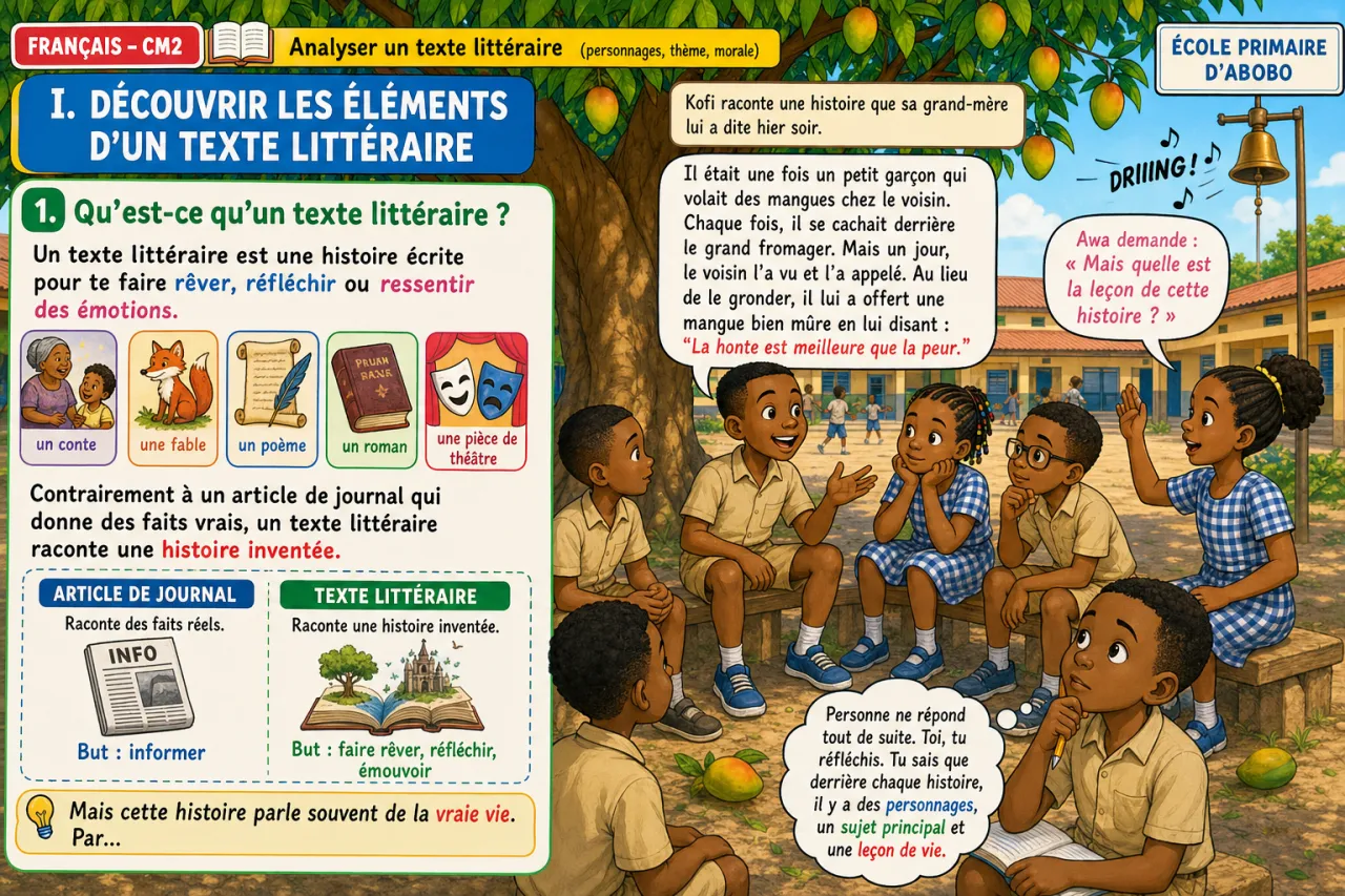 Analyser un texte littéraire (personnages, thème, morale) — illustration