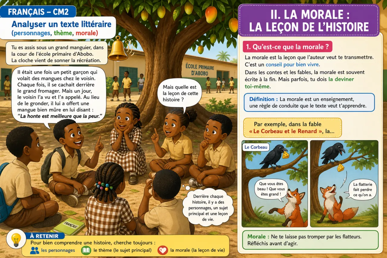 Analyser un texte littéraire (personnages, thème, morale) — illustration