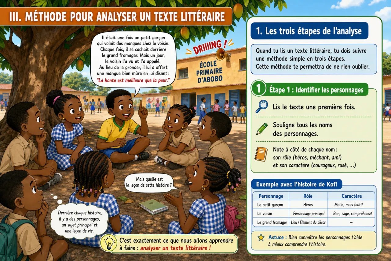 Analyser un texte littéraire (personnages, thème, morale) — illustration