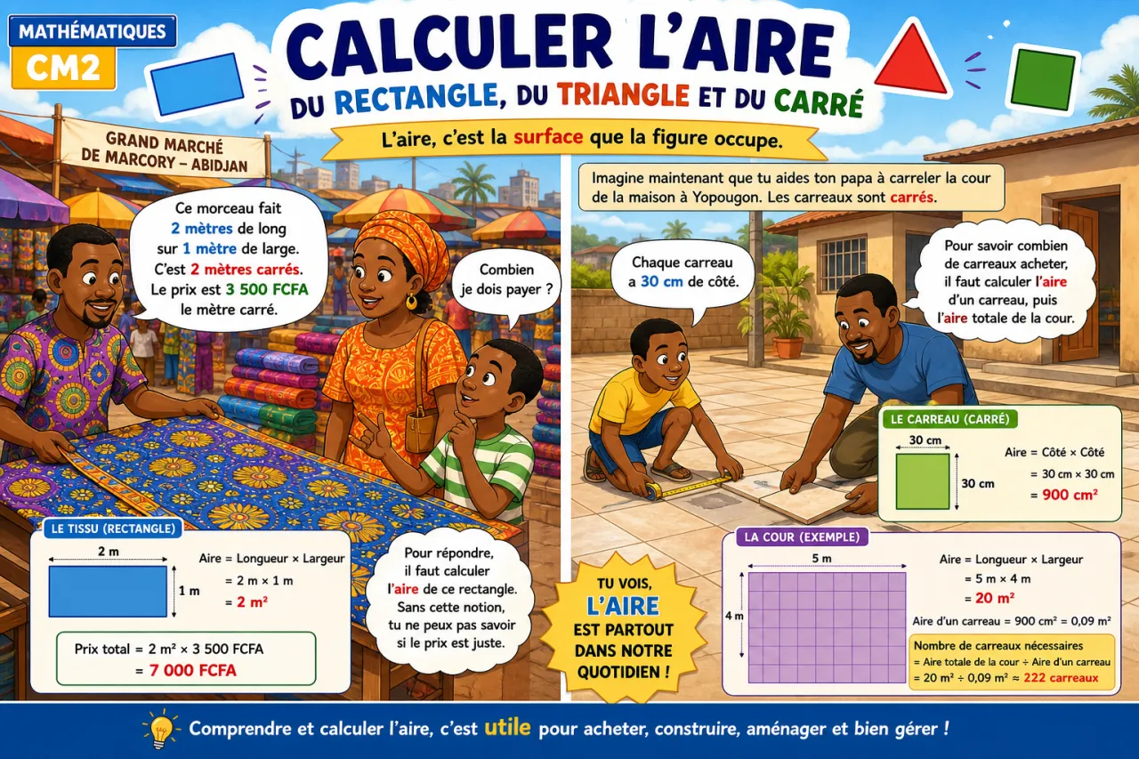Calculer l'aire du rectangle, du triangle et du carré