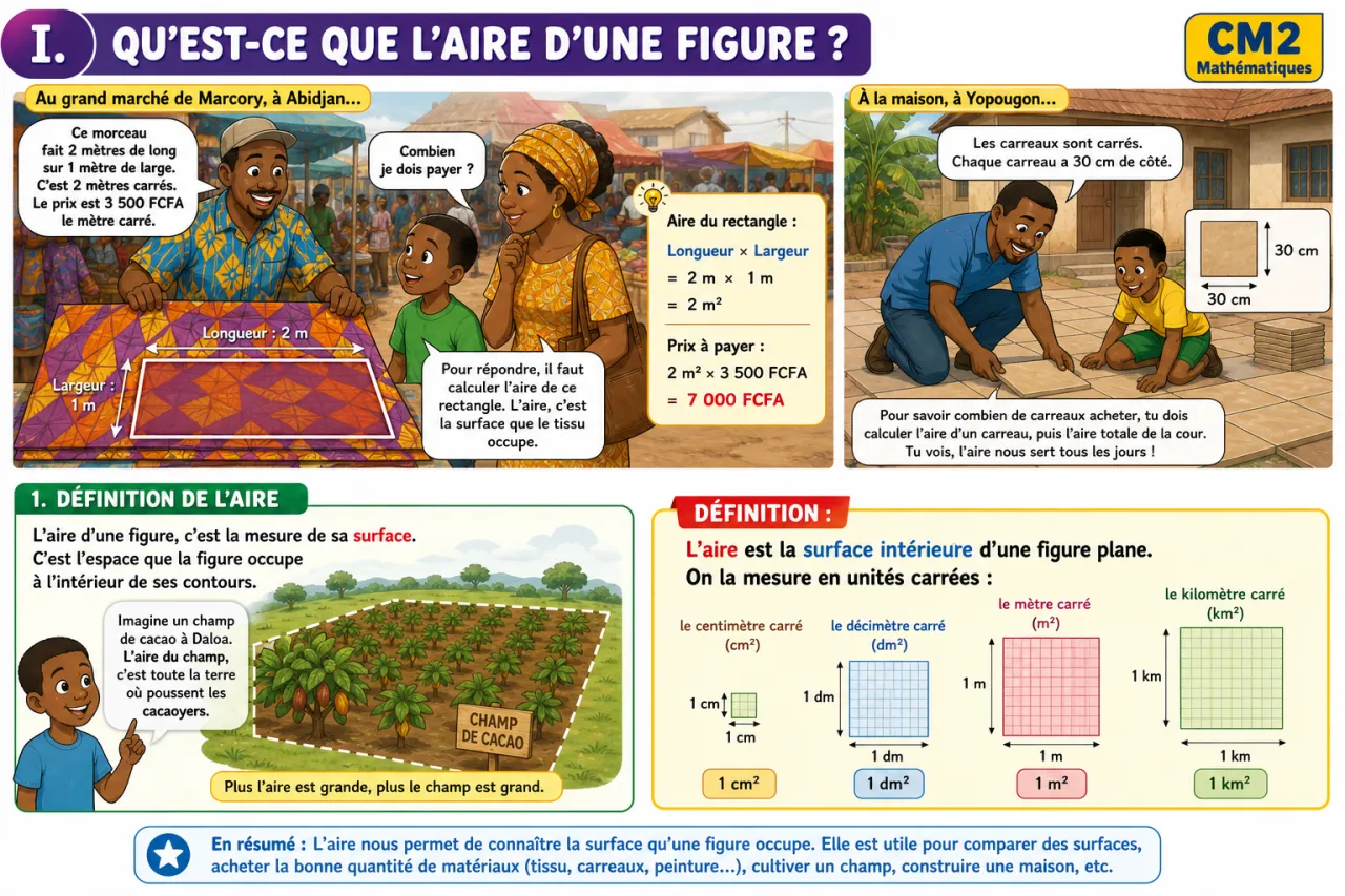 Calculer l'aire du rectangle, du triangle et du carré — illustration
