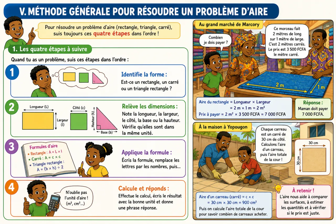 Calculer l'aire du rectangle, du triangle et du carré — illustration