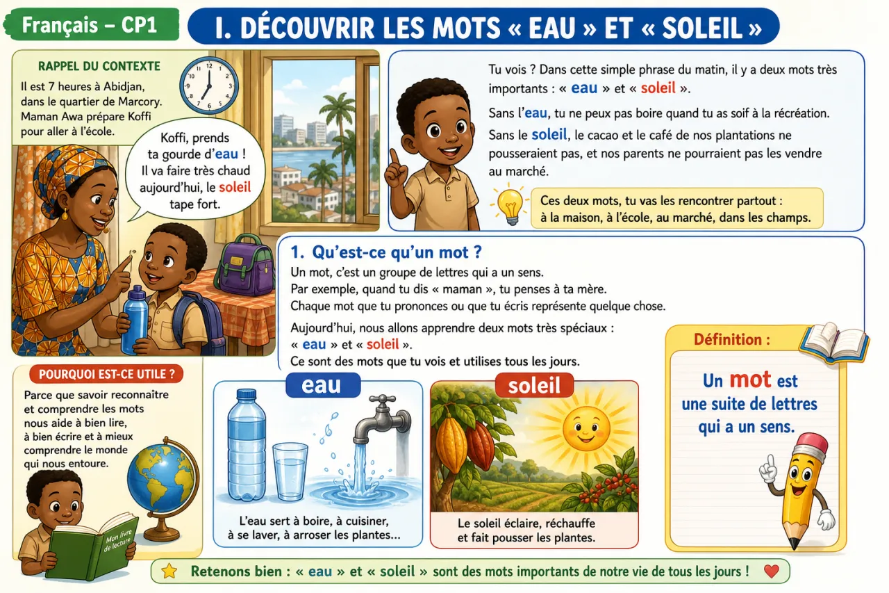 Le mot « eau » et le mot « soleil » — illustration