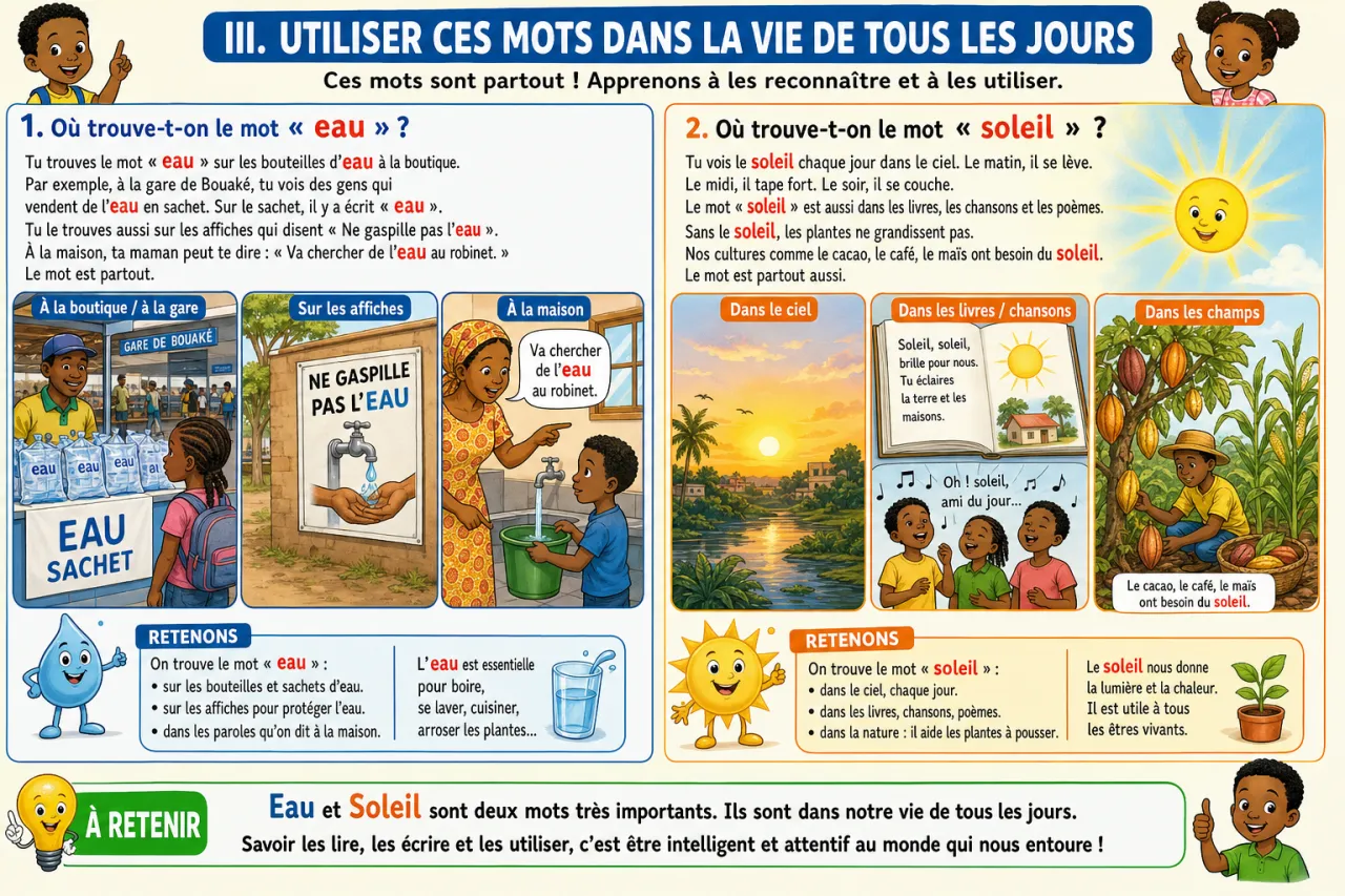 Le mot « eau » et le mot « soleil » — illustration