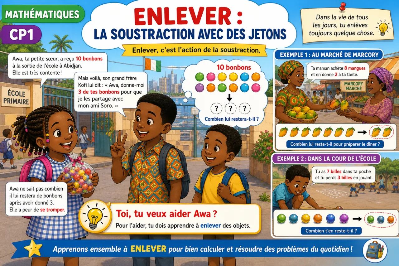 Enlever : la soustraction avec des jetons