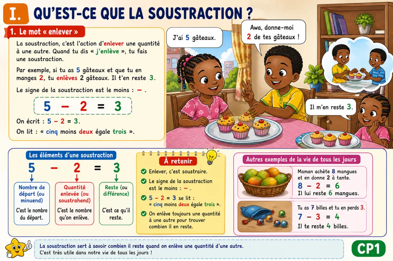 Enlever : la soustraction avec des jetons — illustration