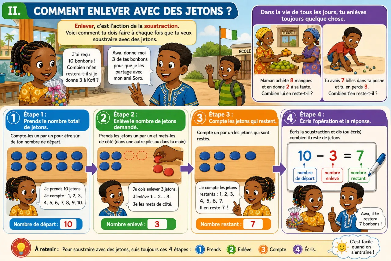 Enlever : la soustraction avec des jetons — illustration