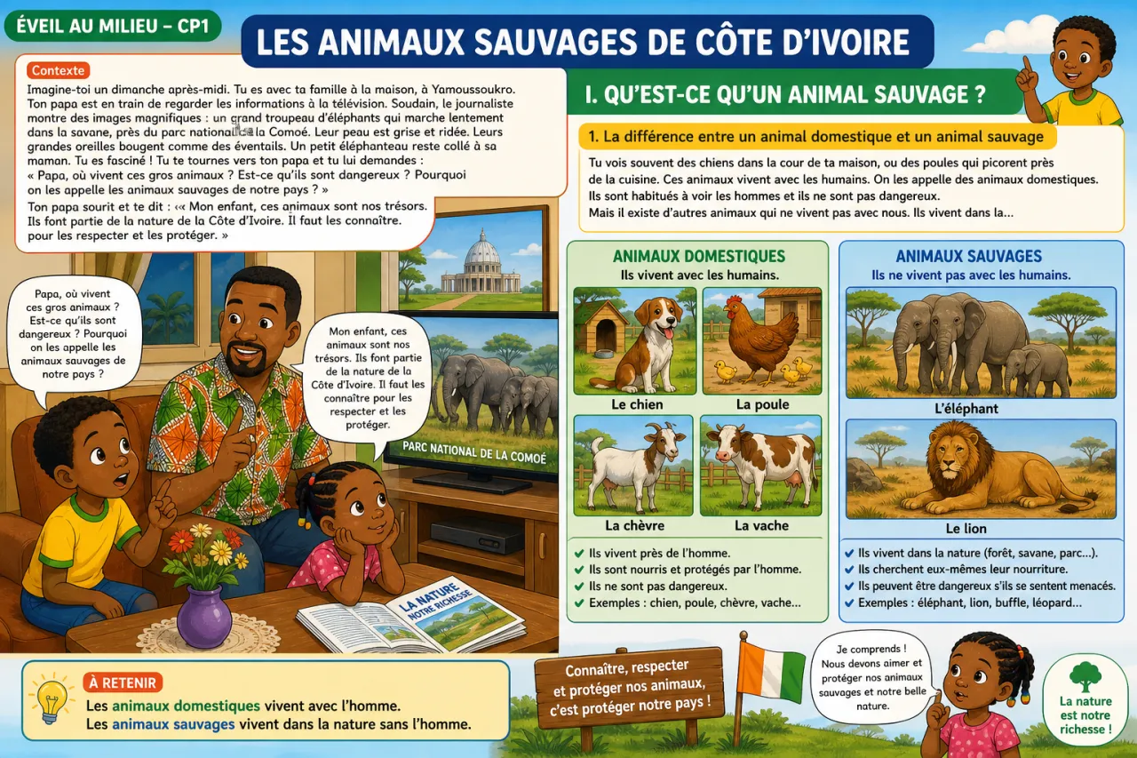 Les animaux sauvages de Côte d'Ivoire (éléphant, lion) — illustration