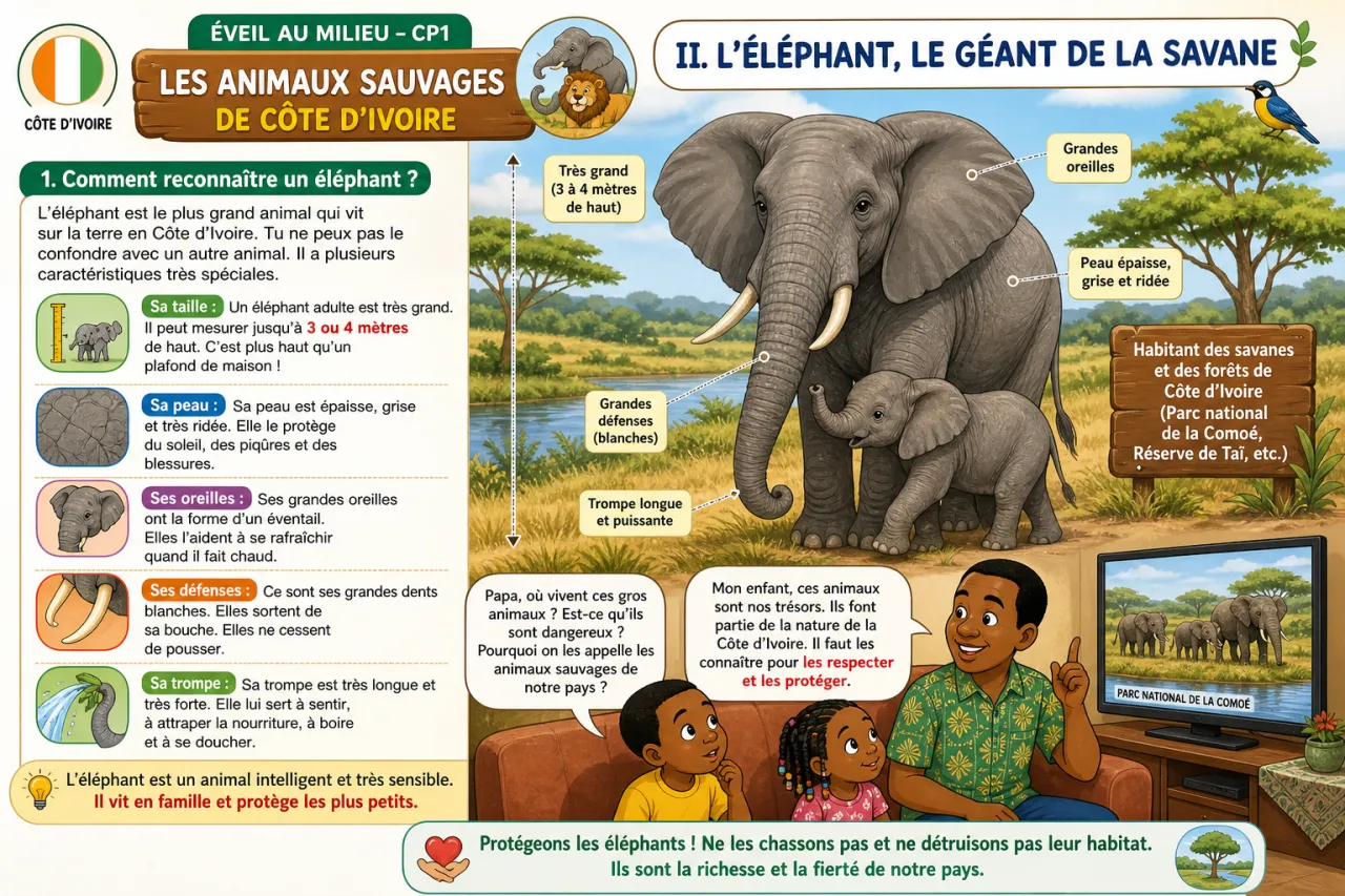 Les animaux sauvages de Côte d'Ivoire (éléphant, lion) — illustration
