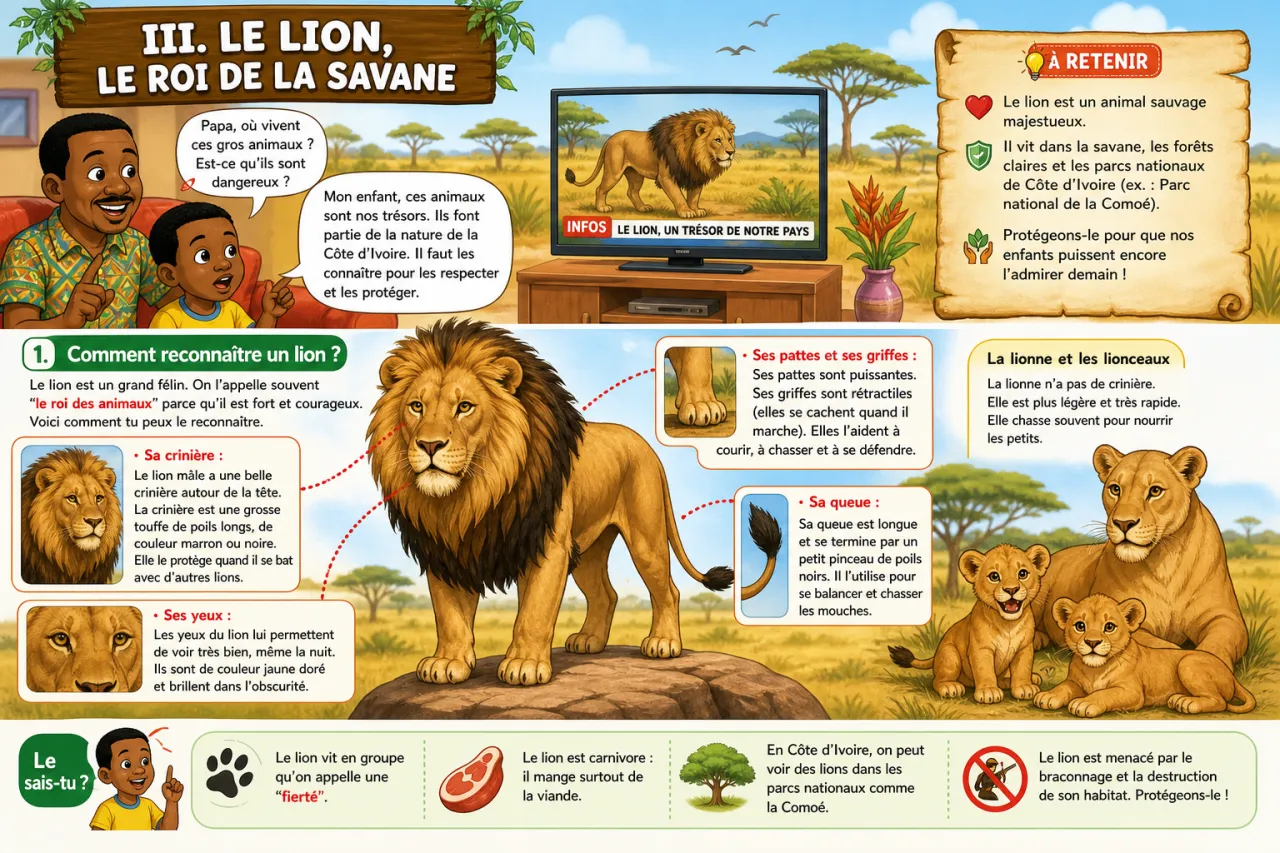 Les animaux sauvages de Côte d'Ivoire (éléphant, lion) — illustration